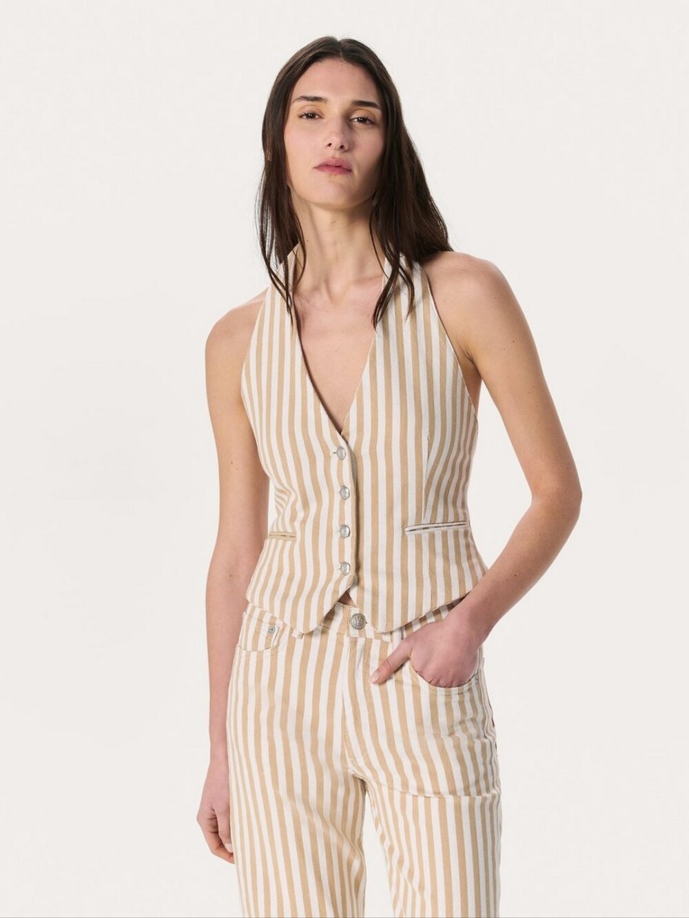 RAG & BONE Ethel Tan Stripe Halter Denim Vest NWT 10.